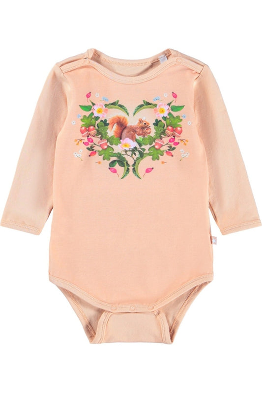 FOSS LONG SLEEVE BODYSUIT IN SQUIRREL HEART FRONT VIEW