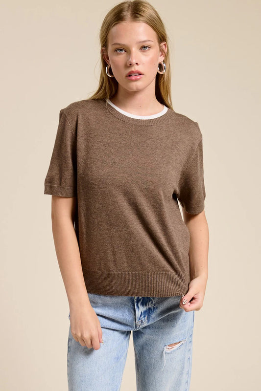 DOUBLE COLLAR TEE IN MOCHA/CREAM FRONT VIEW