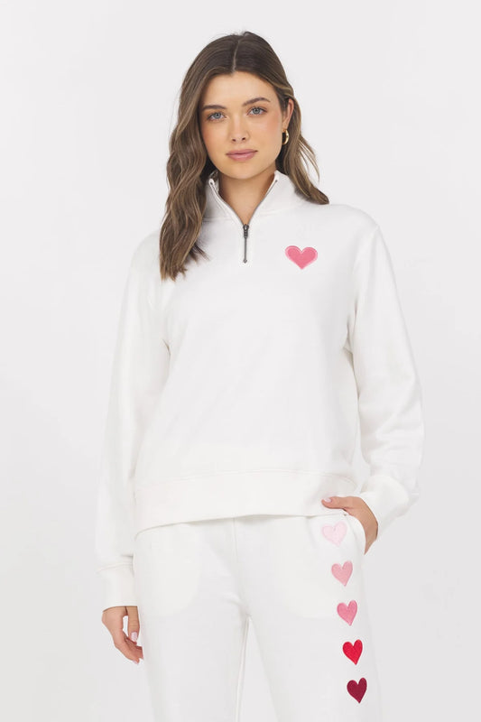 EMBLEM FRENCH TERRY QUARTER ZIP IN WHITE/RED/PINK FRONT VIEW