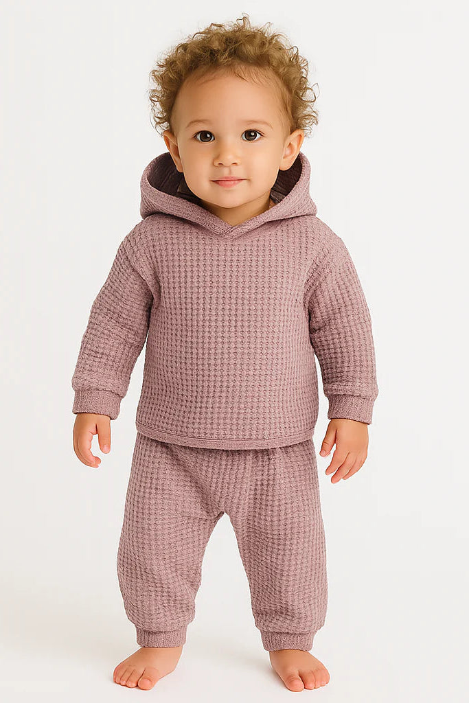 CHUNKY THERMAL HOODIE SET IN SHELL PINK FRONT VIEW