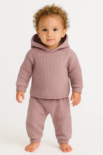 CHUNKY THERMAL HOODIE SET IN SHELL PINK FRONT VIEW