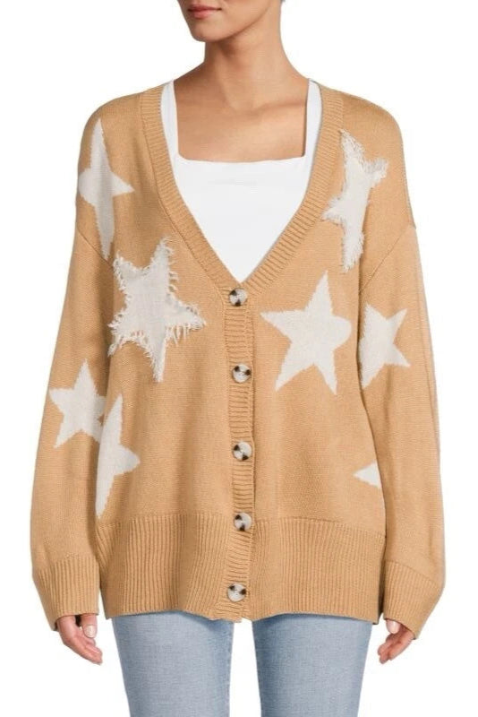 Star jacquard cardigan in camel ivory front view