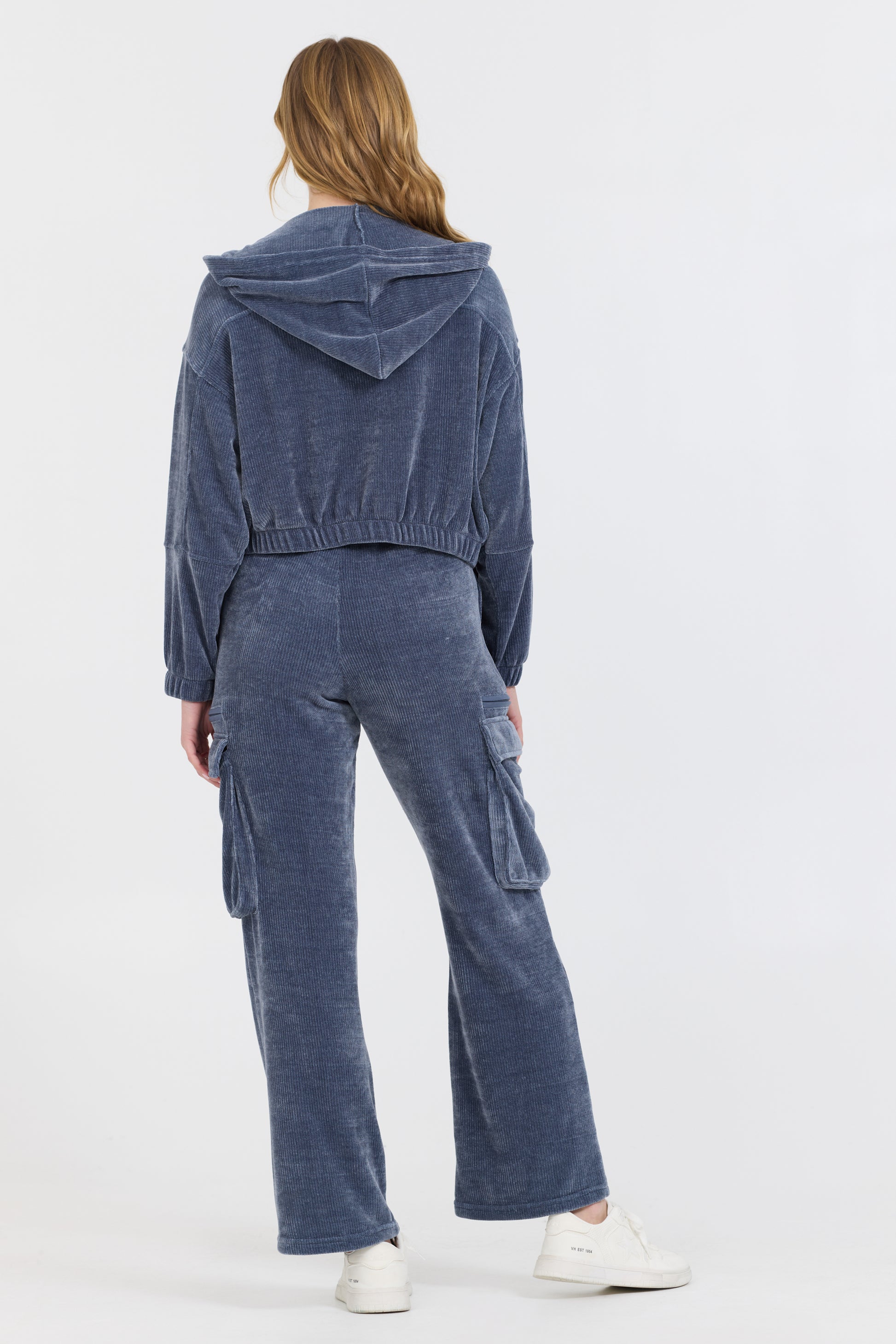 Brushed cord zip up jacket in washed navy back view