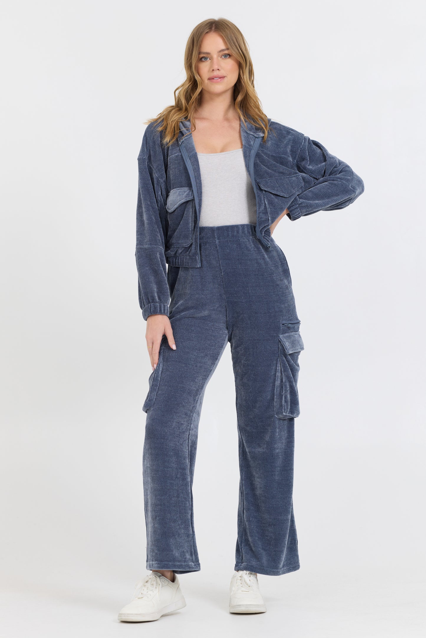 Brush cord cargo pant in washed navy front view