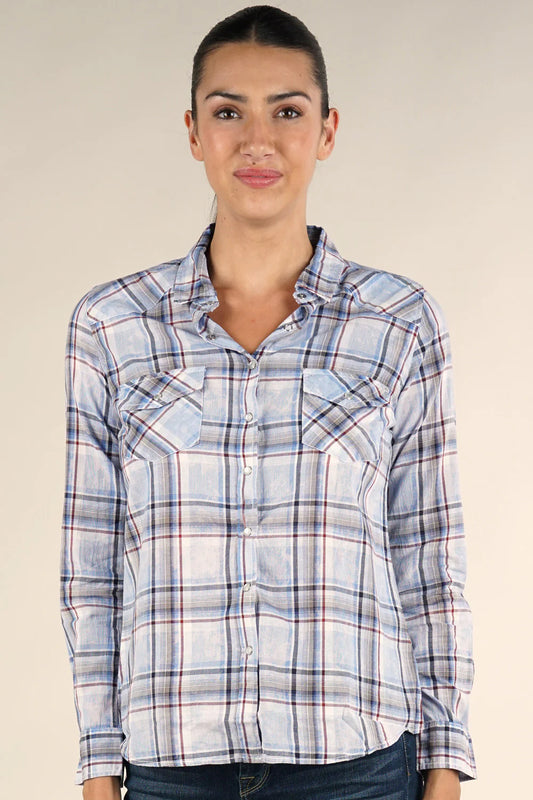 LONG SLEEVE PLAID SNAP FRONT SHIRT IN BLUE/RED FRONT VIEW