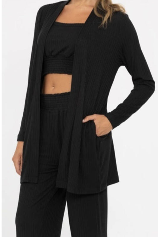 Ribbed longline cardigan in black front view