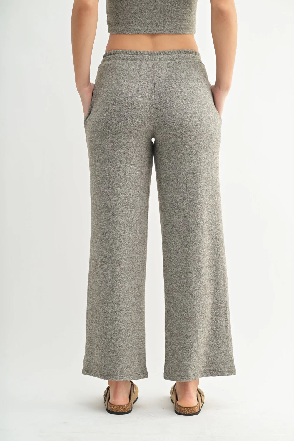 BRUSHED WIDE LEG LOUNGE PANTS IN DARK OLIVE BACK VIEW
