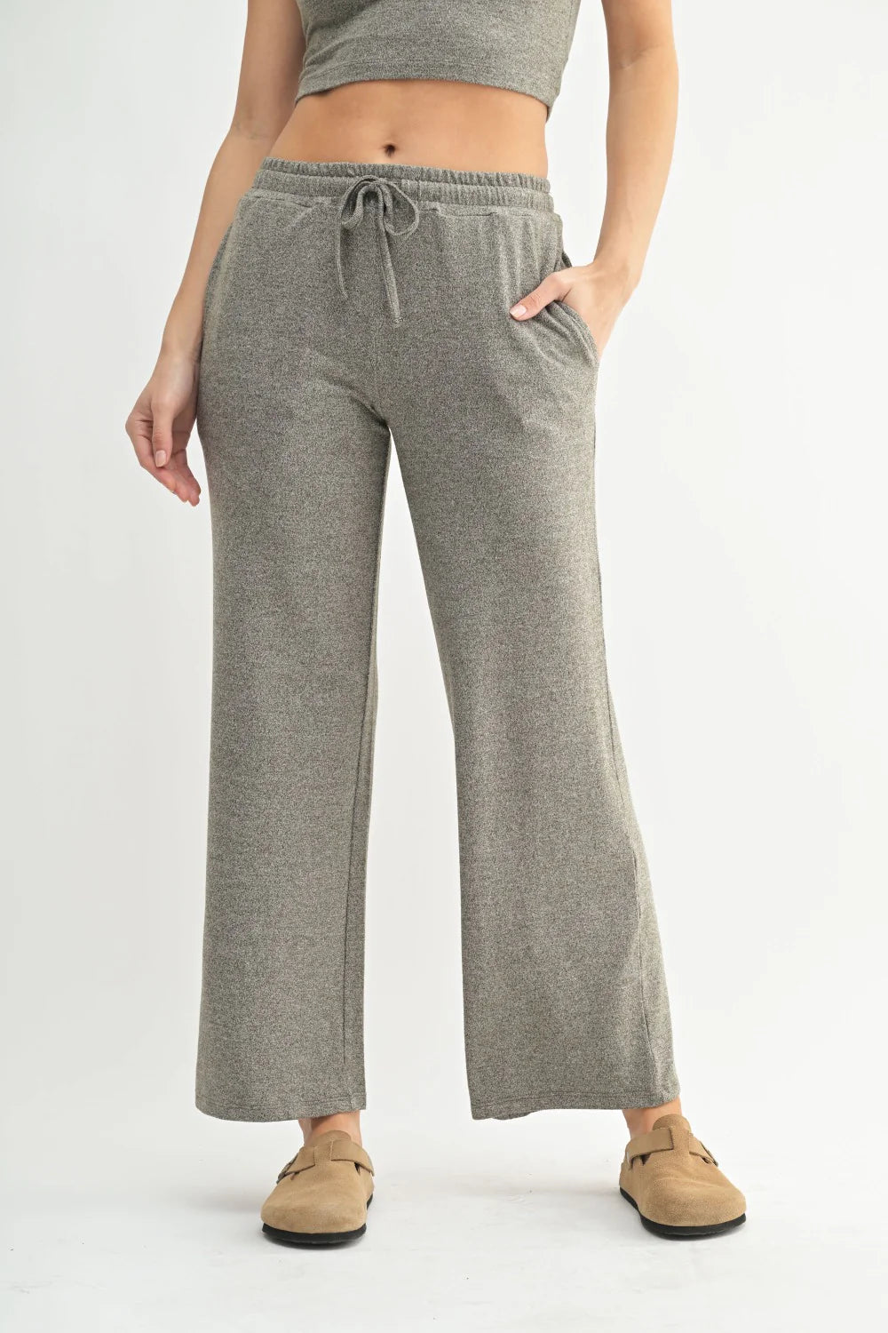 BRUSHED WIDE LEG LOUNGE PANTS IN DARK OLIVE FRONT VIEW