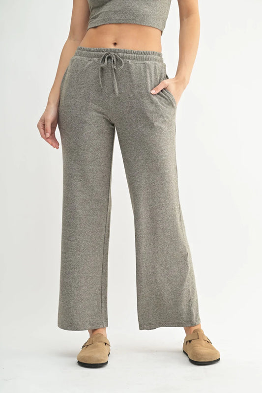 BRUSHED WIDE LEG LOUNGE PANTS IN DARK OLIVE FRONT VIEW