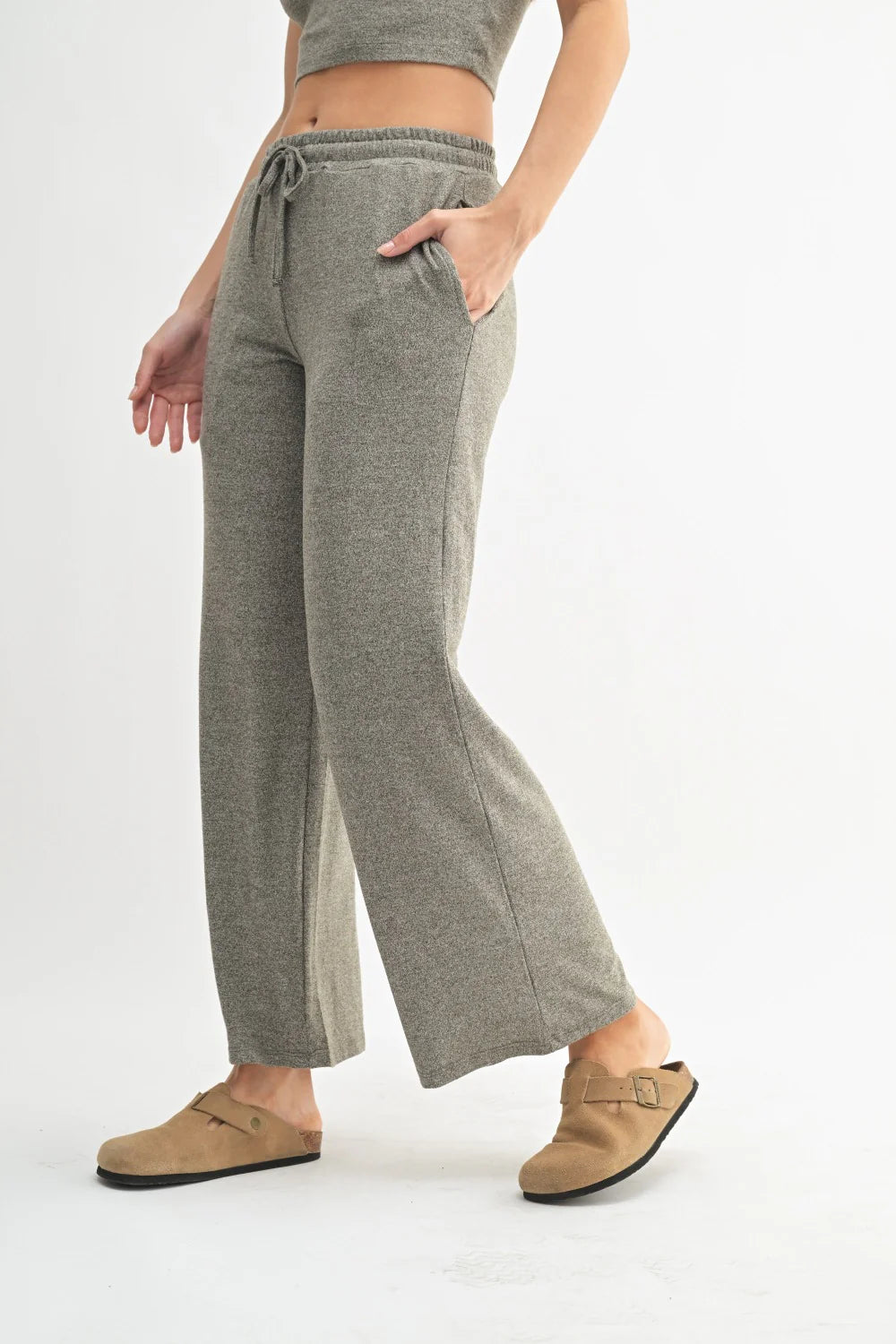 BRUSHED WIDE LEG LOUNGE PANTS IN DARK OLIVE SIDE VIEW