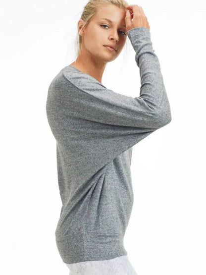 Dolman Sleeved top in 2 tone grey side view