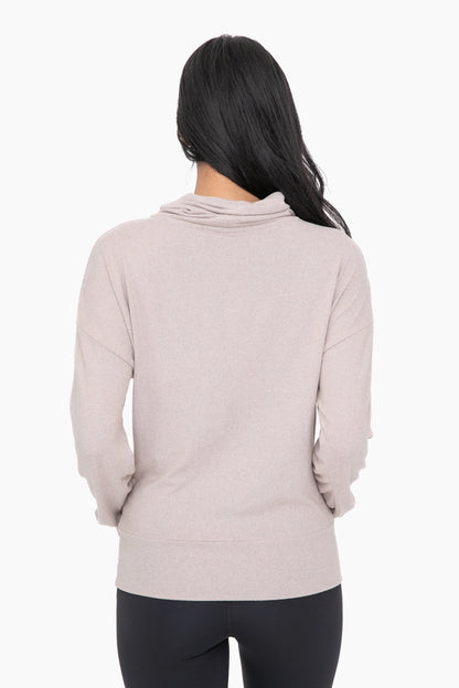 Brushed cowl neck lounge pullover in mocha back view