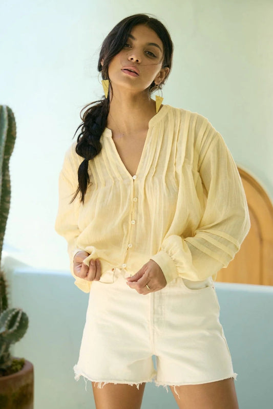 LONG SLEEVE BUTTON DOWN BLOUSE WITH PINTUCKS IN SUNSHINE FRONT VIEW