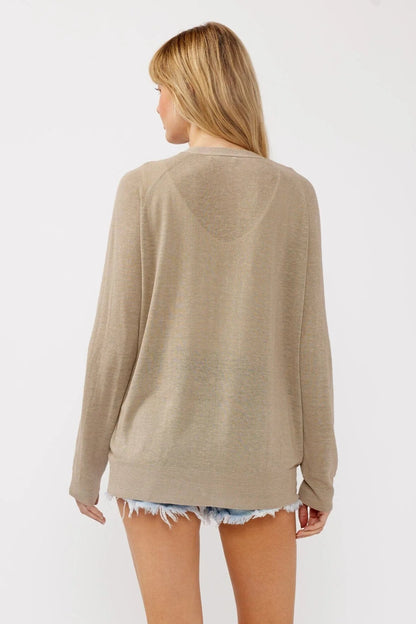 RIBBED V- NECK BUTTON DOWN CARDIGAN IN TAUPE BACK VIEW