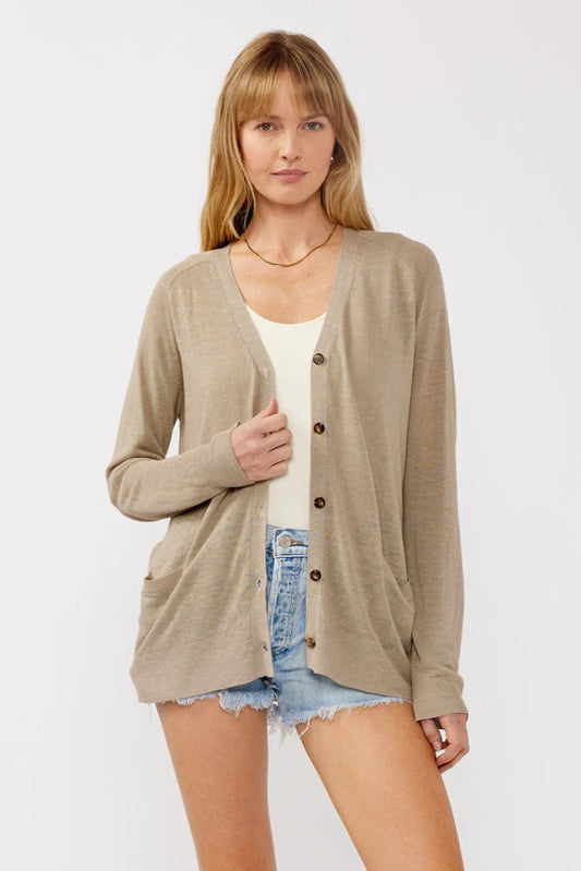 RIBBED V- NECK BUTTON DOWN CARDIGAN IN TAUPE FRONT VIEW