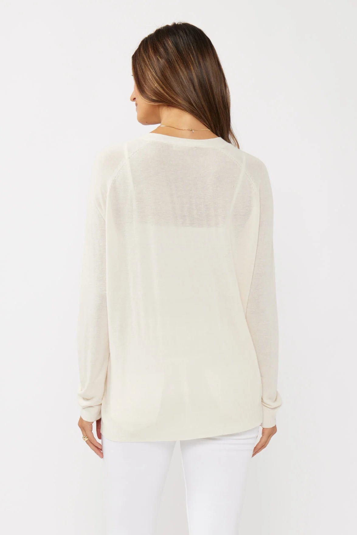 RIBBED V- NECK BUTTON DOWN CARDIGAN IN VANILLA BACK VIEW