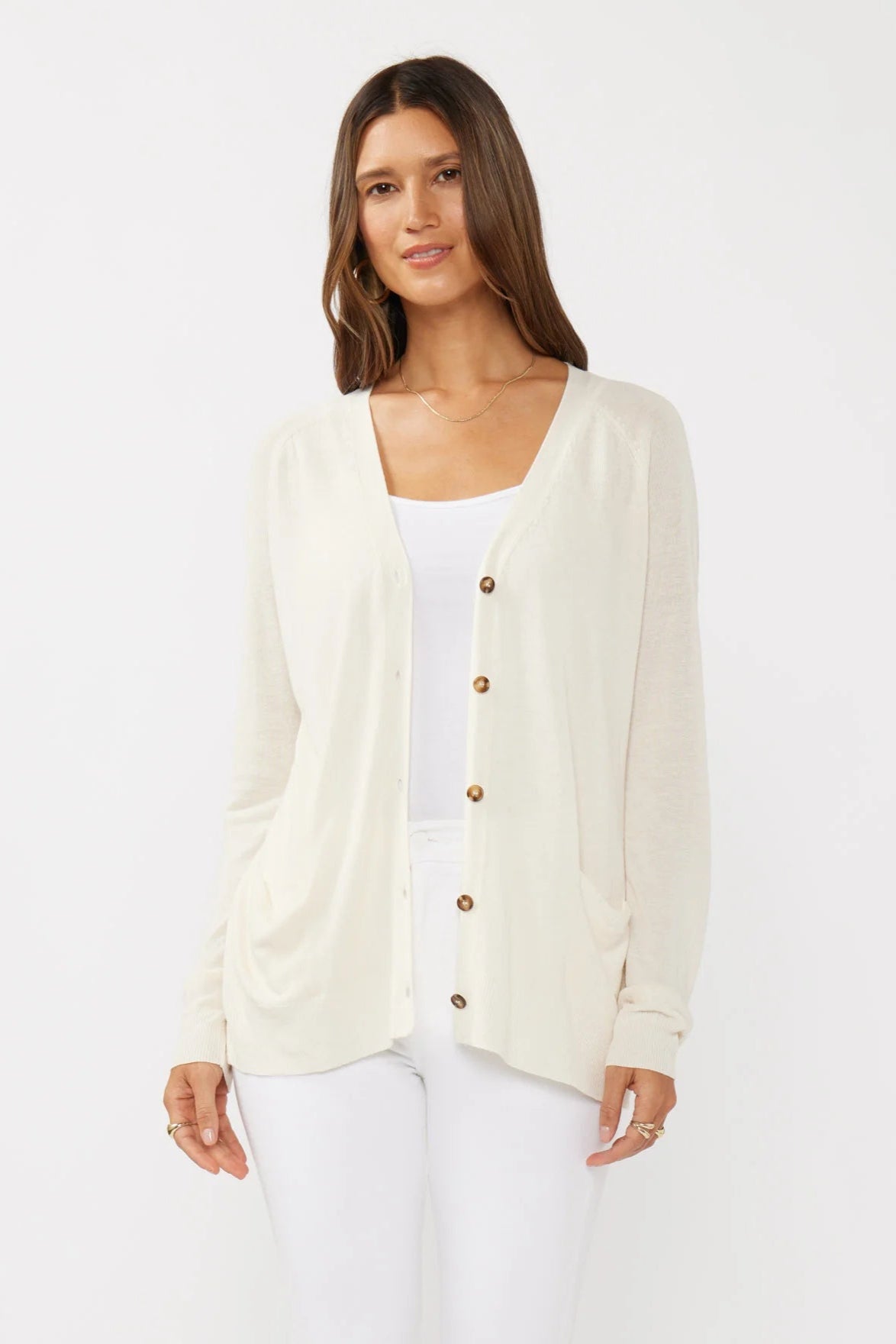 RIBBED V- NECK BUTTON DOWN CARDIGAN IN VANILLA FRONT VIEW