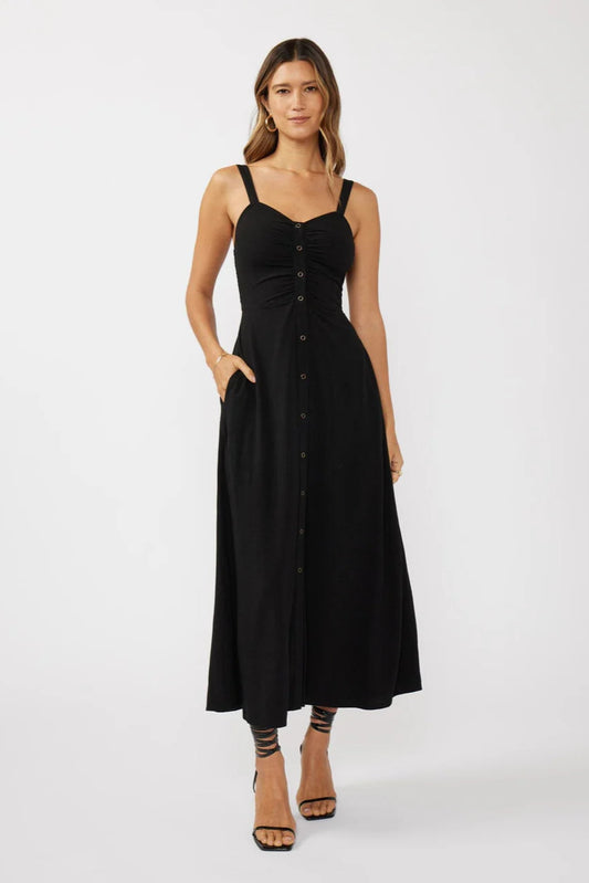V-NECK RUCHED BUTTON DOWN MAXI DRESS IN BLACK FRONT VIEW