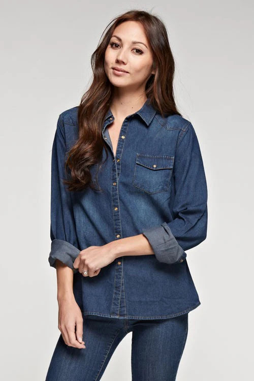 LONG SLEEVE DENIM TOP IN DARK INDIGO FRONT VIEW