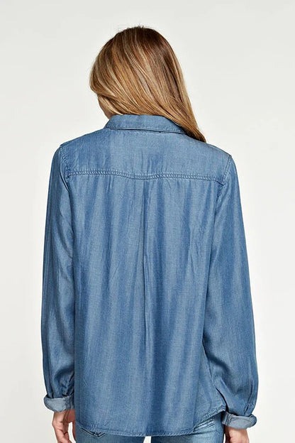 BUTTON DOWN TENCEL TOP IN MEDIUM WASH BACK VIEW 