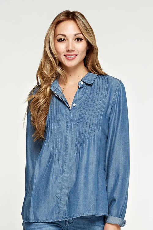 BUTTON DOWN TENCEL TOP IN MEDIUM WASH FRONT VIEW 