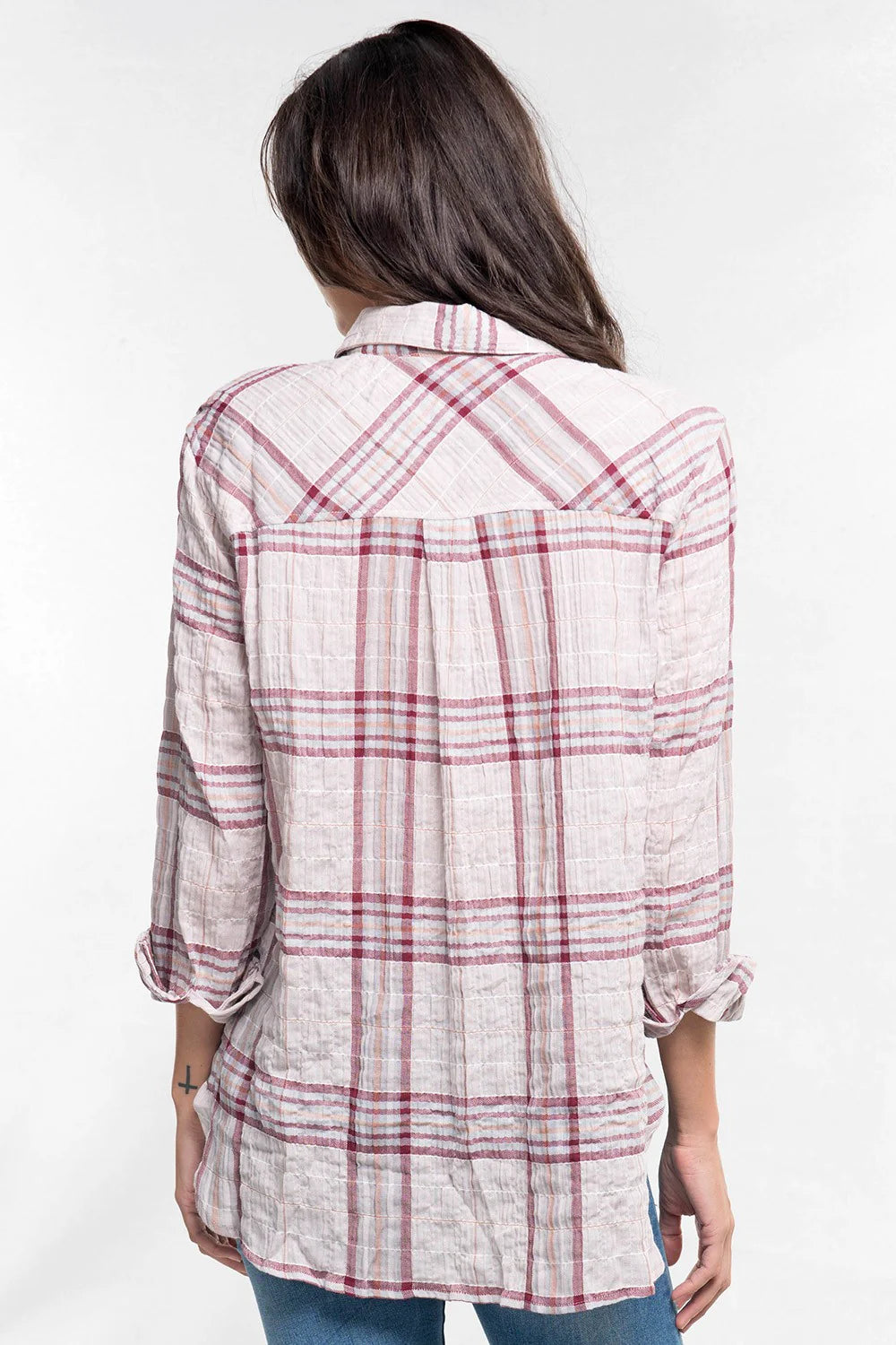 WESTERN BUTTON DOWN PLAID SHIRT IN TAUPE/GREY/BURGUNDY BACK VIEW