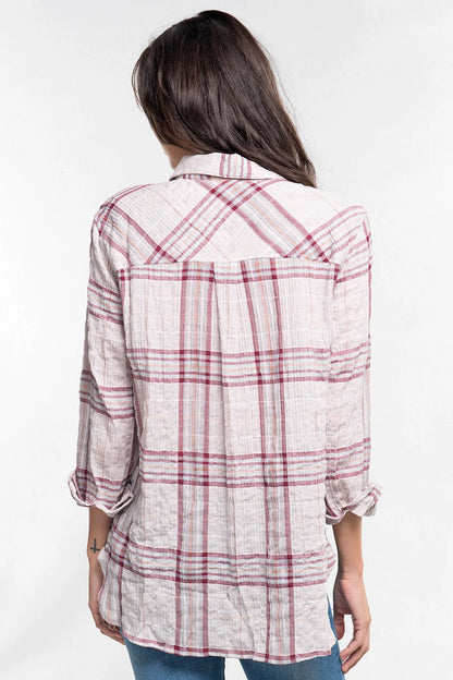 WESTERN BUTTON DOWN PLAID SHIRT IN TAUPE/GREY/BURGUNDY BACK VIEW