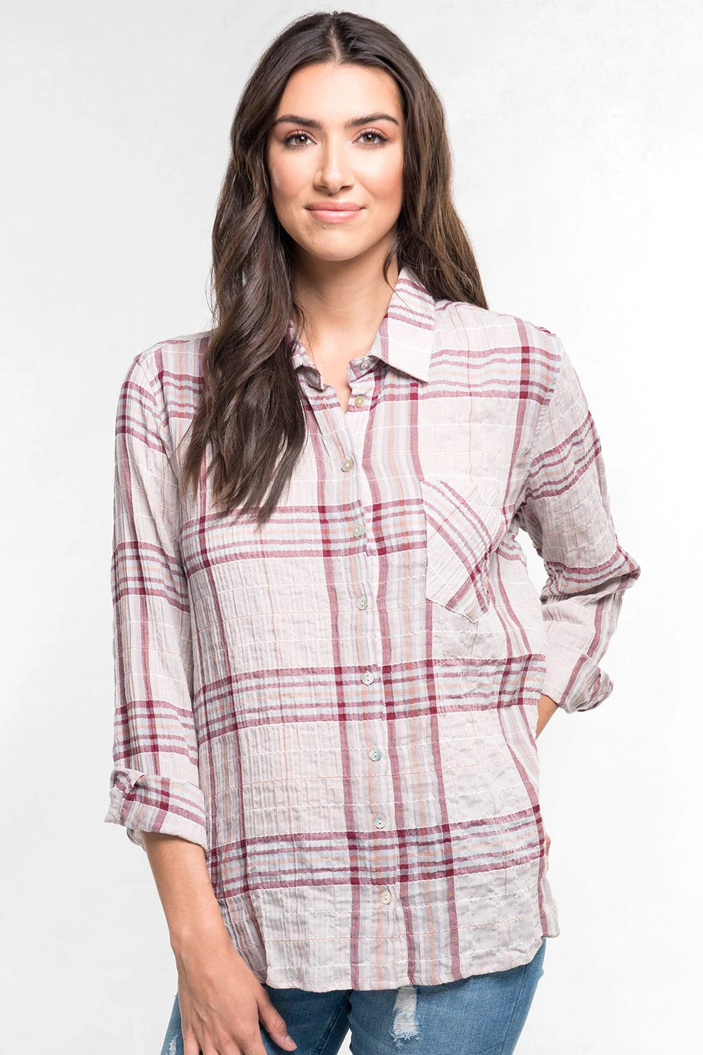 WESTERN BUTTON DOWN PLAID SHIRT IN TAUPE/GREY/BURGUNDY FRONT VIEW