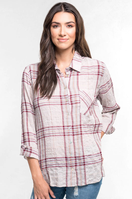 WESTERN BUTTON DOWN PLAID SHIRT IN TAUPE/GREY/BURGUNDY FRONT VIEW