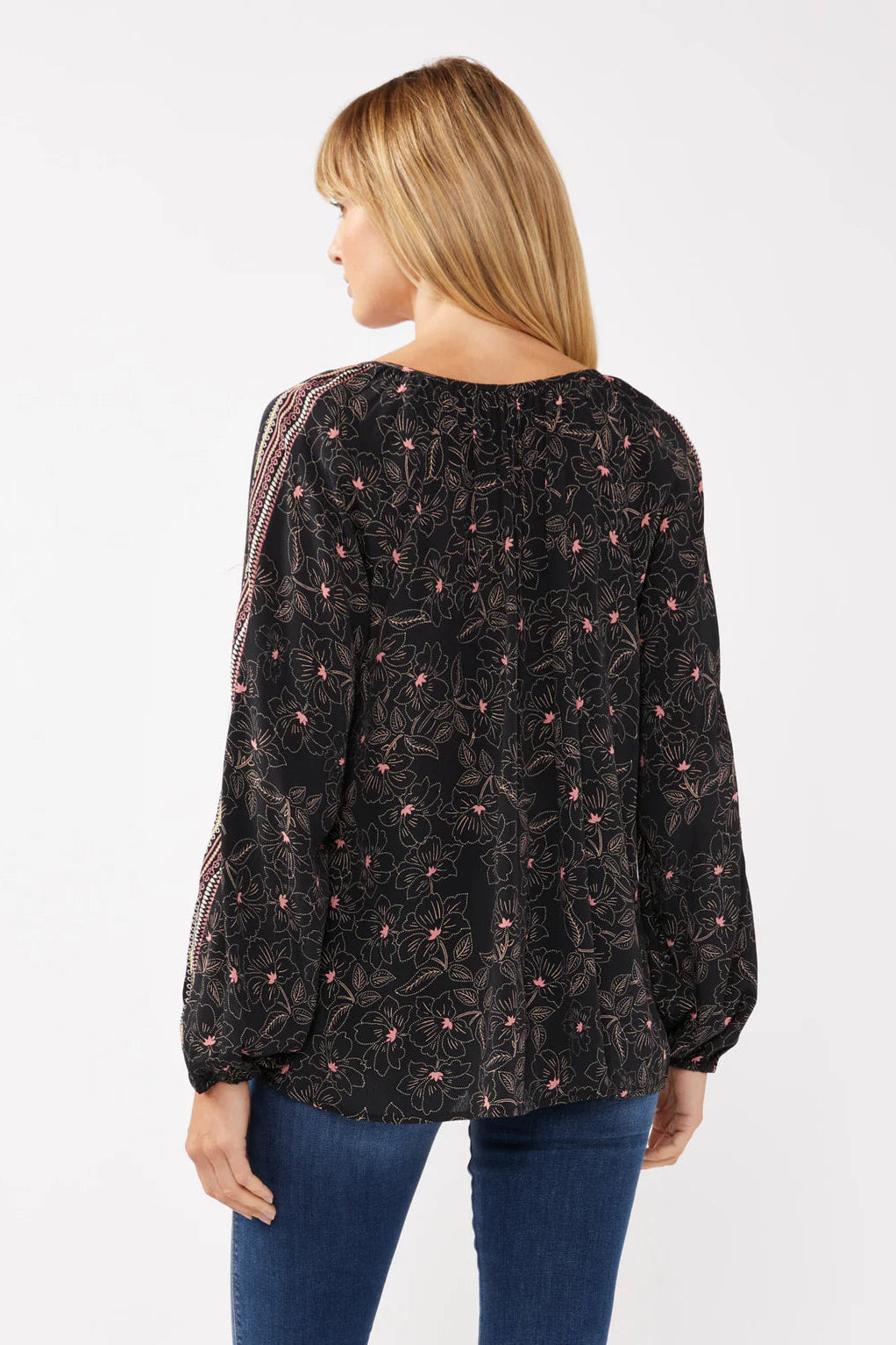 FLORAL LONG SLEEVE TASSEL TIE PEASANT TOP IN BLACK AND ROSE BACK VIEW