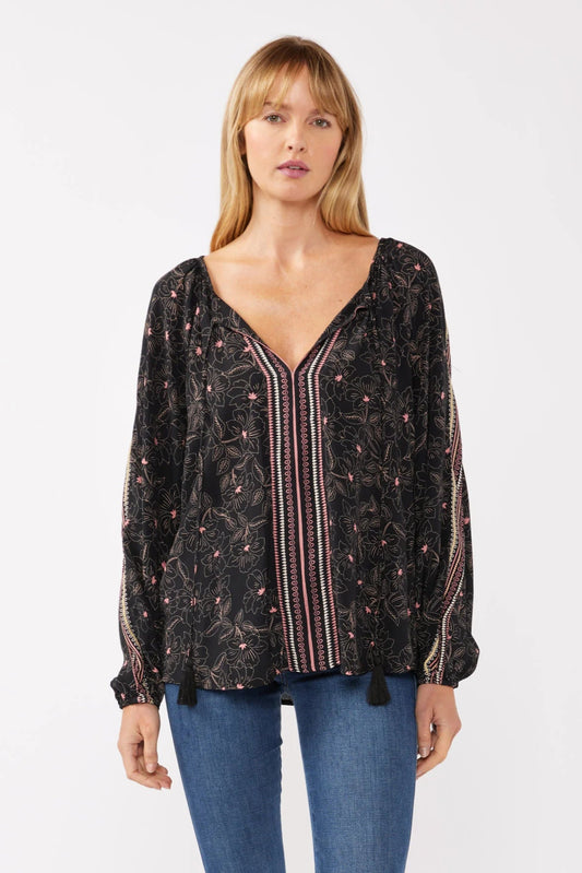FLORAL LONG SLEEVE TASSEL TIE PEASANT TOP IN BLACK AND ROSE FRONT VIEW