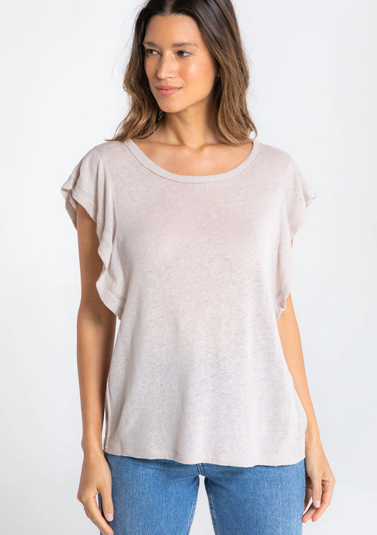 Flutter sleeve crew neck knit top in mushroom front view