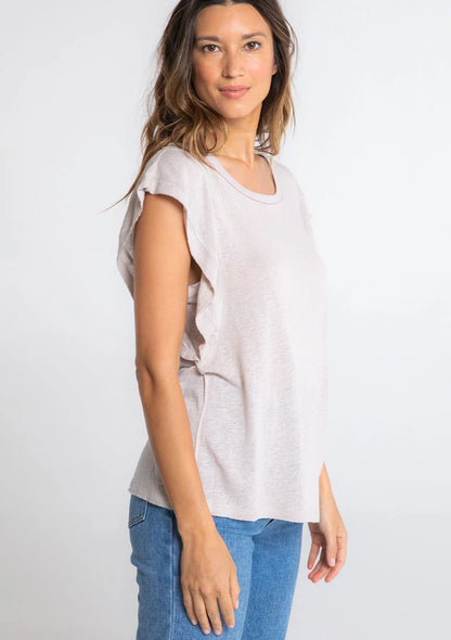 Flutter sleeve crew neck knit top in mushroom side view