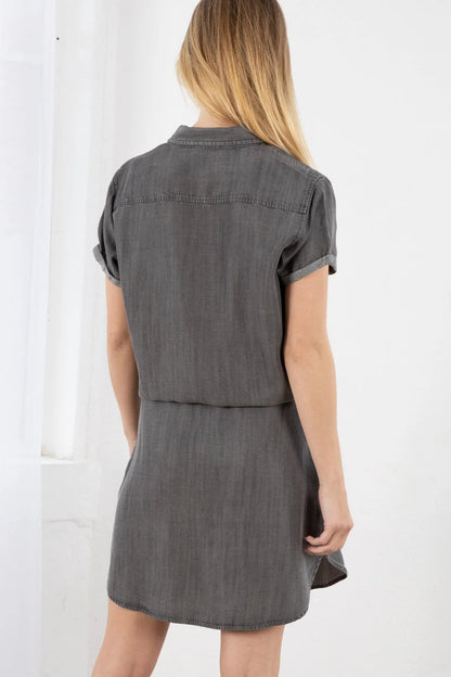 TENCEL SHORT SLEEVE MINI SHIRT DRESS IN ASH WASH BACK VIEW