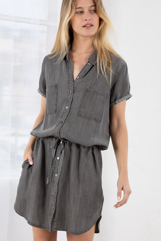 TENCEL SHORT SLEEVE MINI SHIRT DRESS IN ASH WASH FRONT VIEW
