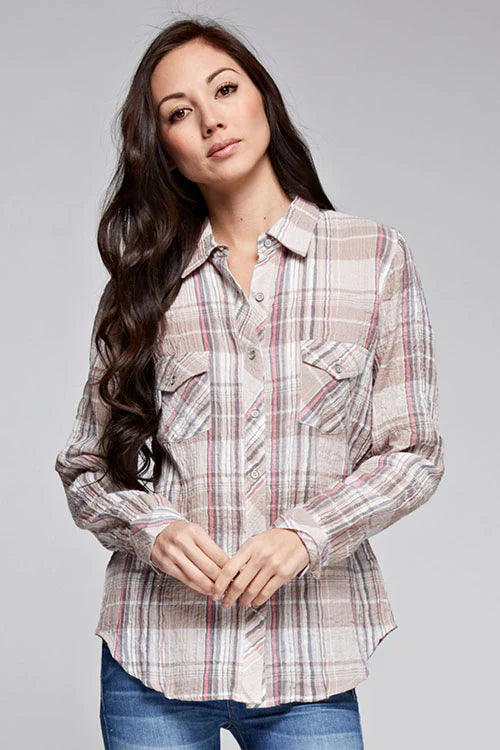 PLAID BUTTON DOWN SHIRT IN SAND/MULTI FRONT VIEW