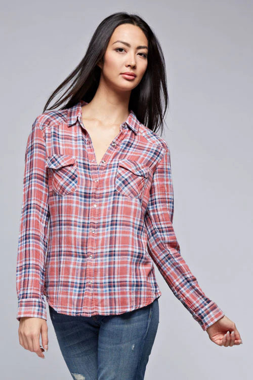 PLAID BUTTON DOWN SHIRT IN CORAL/NAVY FRONT VIEW