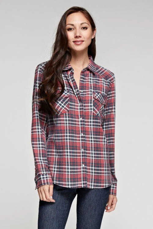 LONG SLEEVE PLAID SNAP FRONT SHIRT IN RED/BLACK/OFF WHITE FRONT VIEW