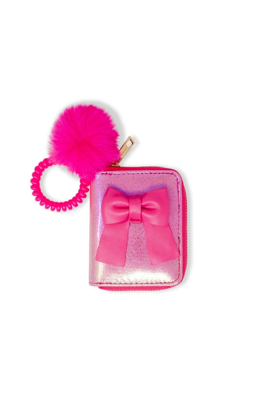 SHINY BOW SPIRAL STRAP WALLET IN HOT PINK FRONT VIEW