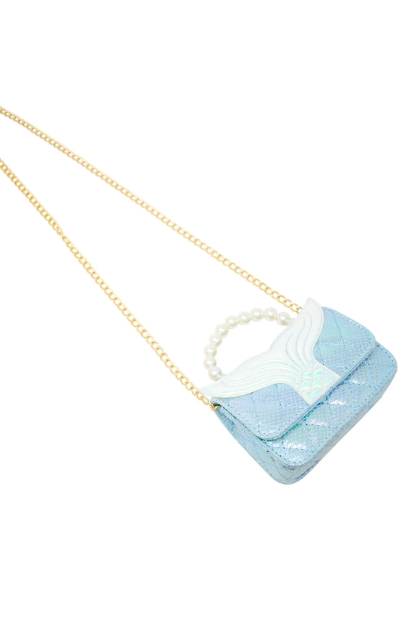 MERMAID TAIL PEARL HANDLE BAG IN BLUE FRONT VIEW