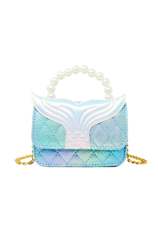MERMAID TAIL PEARL HANDLE BAG IN BLUE FRONT VIEW
