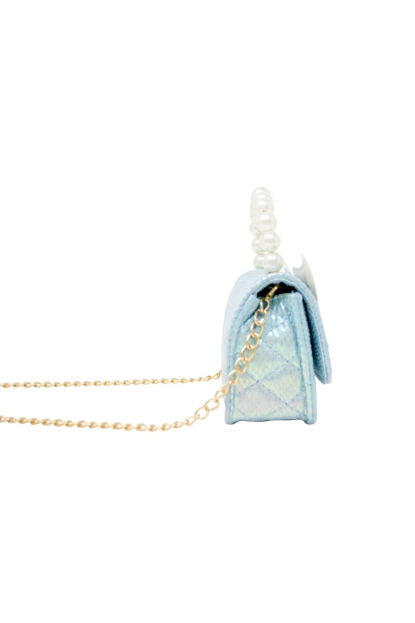 MERMAID TAIL PEARL HANDLE BAG IN BLUE SIDE VIEW