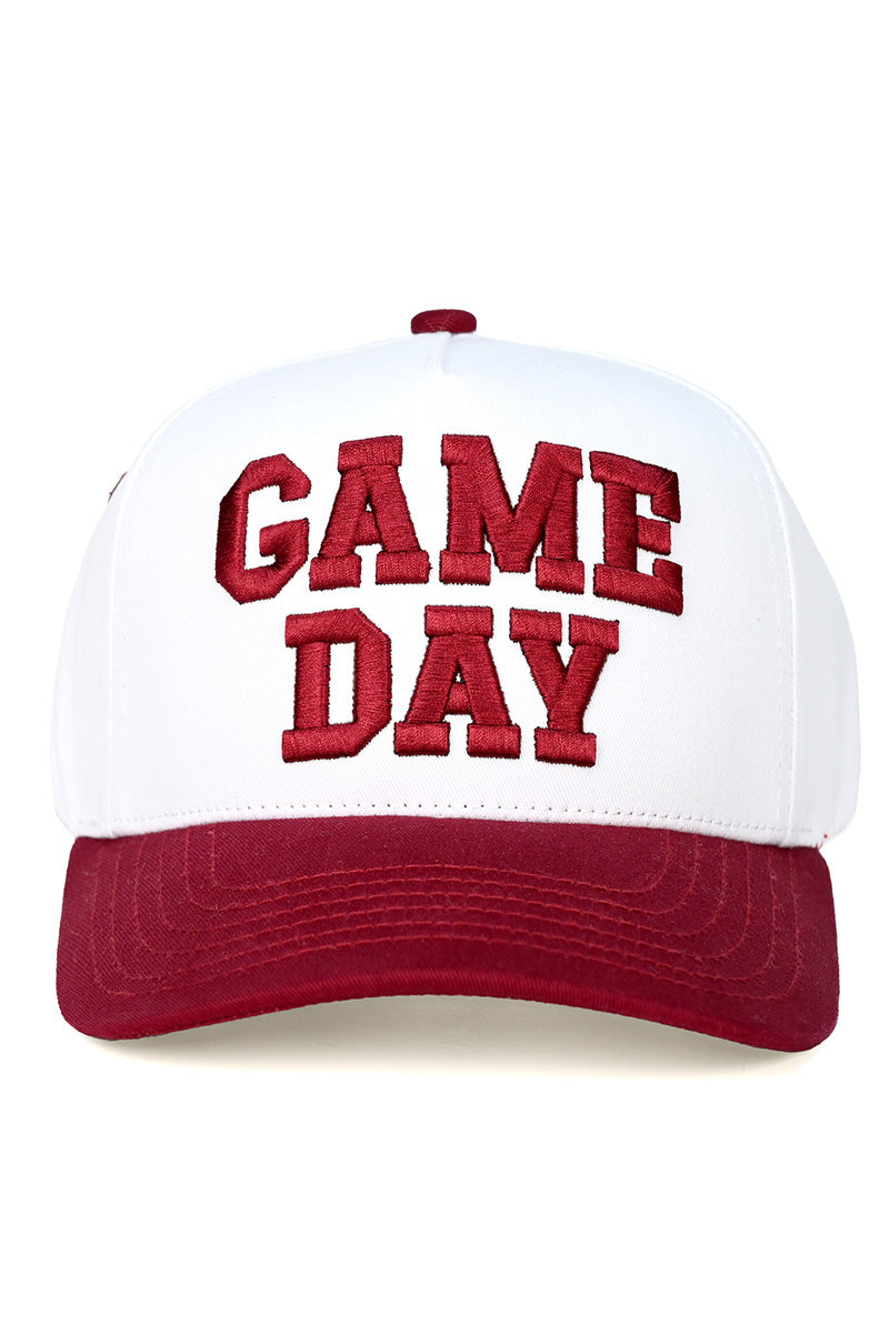 Embroidered game day trucker hat in burgundy and white front view