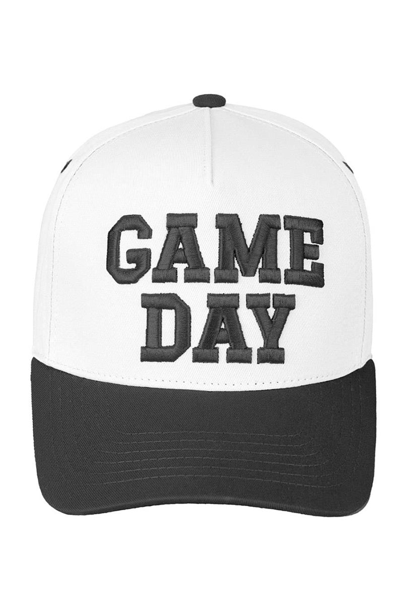 Embroidered game day trucker hat in black and white front view