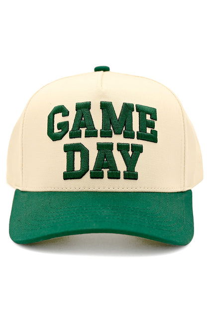Embroidered game day trucker hat in dark green and beige front view
