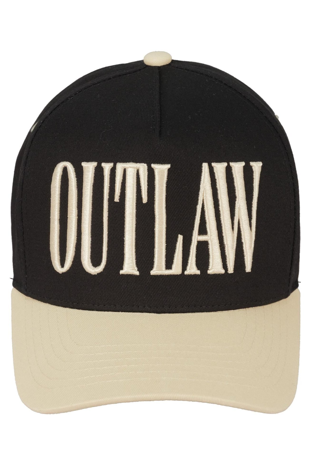 Outlaw trucker hat in black and cream front view