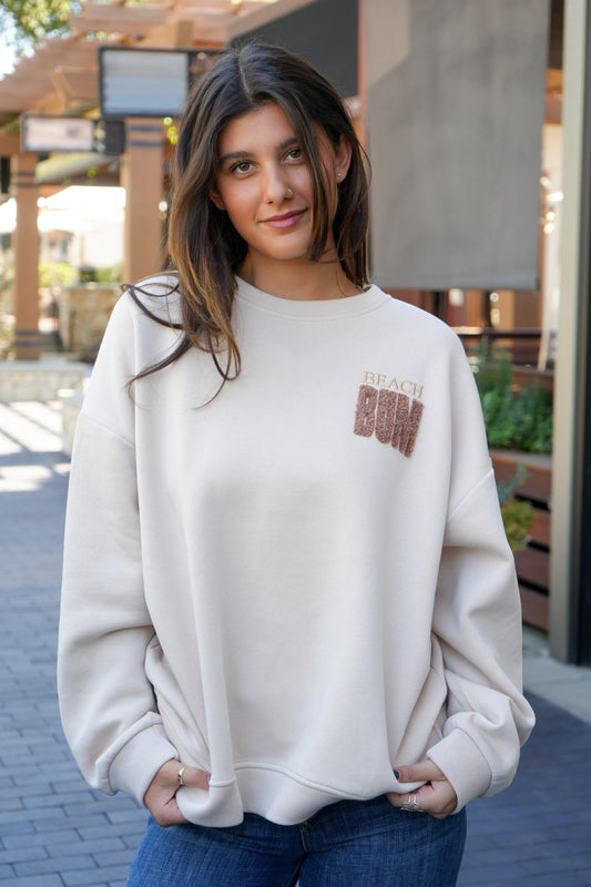 BEACH BUM FLEECE CREW NECK IN TAN FRONT VIEW