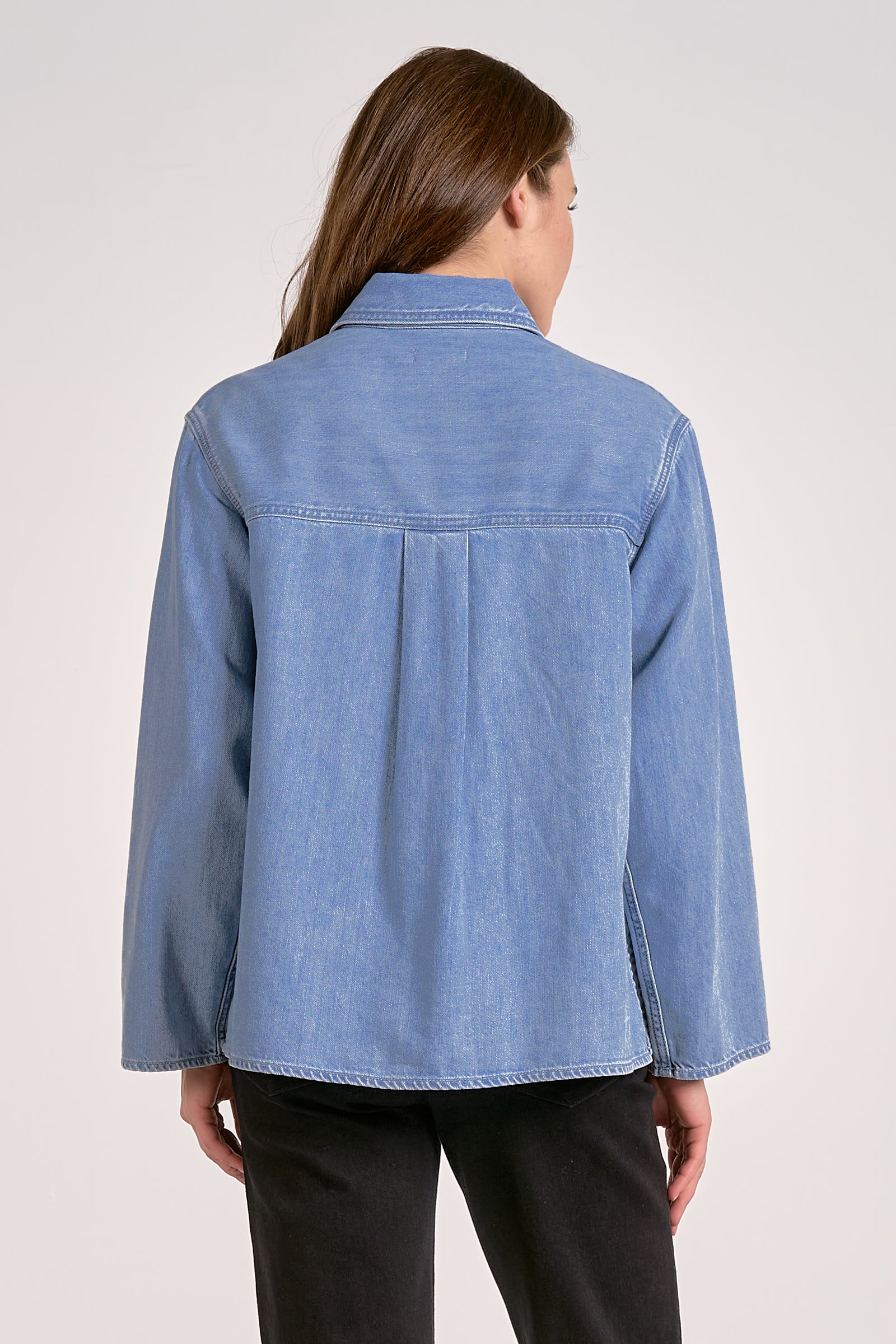 V-NECK COLLAR TOP IN DENIM WASH BACK VIEW
