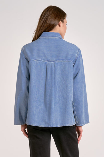 V-NECK COLLAR TOP IN DENIM WASH BACK VIEW