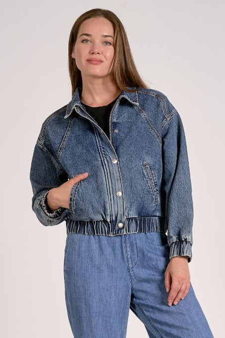 CUFF WAIST BAND JACKET IN DENIM BLUE FRONT VIEW